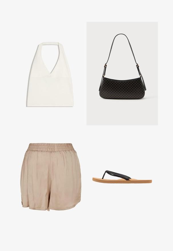 Haut court blanc à col licou avec un décolleté en V profond et des bretelles larges, présenté à plat sur un fond blanc.; Shorts légers beiges en tissu avec une taille élastique et une coupe ample, présentant une texture lisse et un ourlet arrondi.; Des sandales à brides tressées noires avec une semelle en caoutchouc marron plat. La bride présente un design tressé et est fixée par une charnière noire fine.; Sac à main noir à motif géométrique avec une forme incurvée, une texture lisse et une longue sangle réglable ; présente des accents en métal doré.