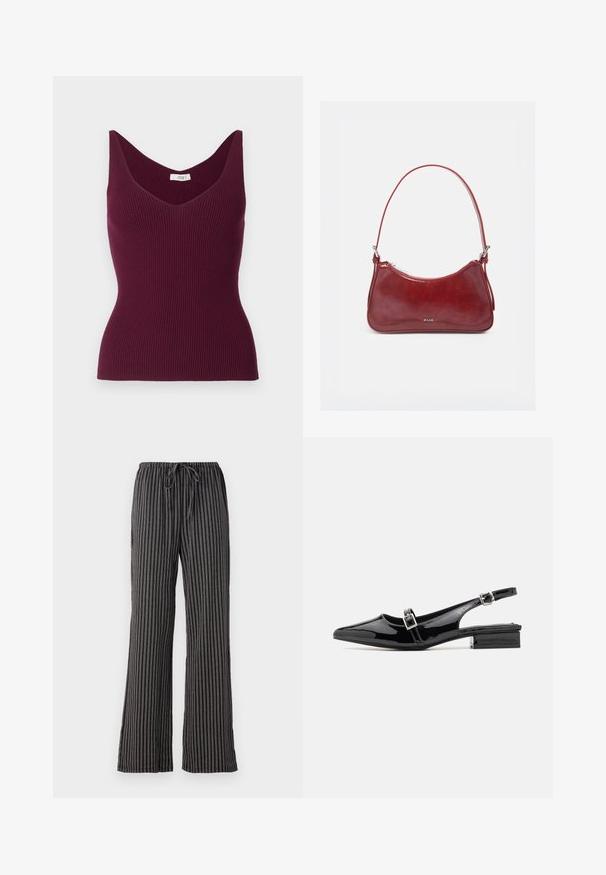 Débardeur côtelé bordeaux avec un col en V et de larges bretelles, présentant une silhouette ajustée et une texture subtile. Étiquette indiquant "JDY."; Pantalons de pyjama rayés noir et blanc, avec une taille à cordon, des jambes larges et un tissu doux et texturé avec des lignes verticales.; RAID RAMIA - Ballerines à brides arrière - black; Petit sac à main brillant rouge foncé avec une seule bandoulière, fermeture éclair argentée et logo « RAID » au centre avant.