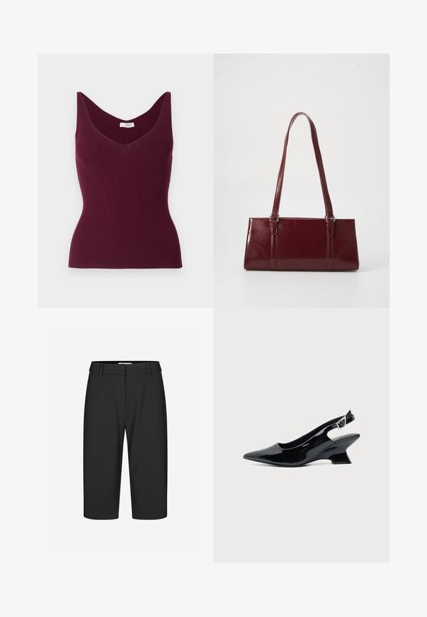 Débardeur côtelé bordeaux avec un col en V et de larges bretelles, présentant une silhouette ajustée et une texture subtile. Étiquette indiquant "JDY."; Bermudas noires ajustées, tissu lisse, taille mi-haute, pli simple à l'avant, sans poches visibles, ourlet en bas, design structuré.; Chaussure slingback en cuir verni noir avec bout pointu et petit talon bloc incliné sur fond clair uni.; Sac à main bordeaux en matériau brillant, de forme rectangulaire, avec deux anses et des accents légèrement courbés à l'avant.