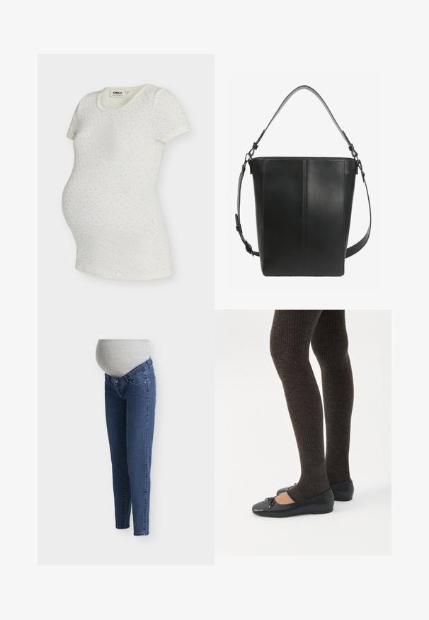 ONLY MATERNITY OLMMADISON BABY TEE - T-shirt basique - cloud dancer aop:gry flower winter sky; Jeans de maternité avec jambes en denim bleu foncé et une ceinture élastique grise conçue pour accueillir un ventre de femme enceinte.; Jambes portant des leggings côtelés foncés associés à des ballerines noires avec de petits détails en nœud sur fond blanc.; Sac seau en cuir noir avec deux bretelles réglables et des détails de couture minimalistes sur un fond uni.