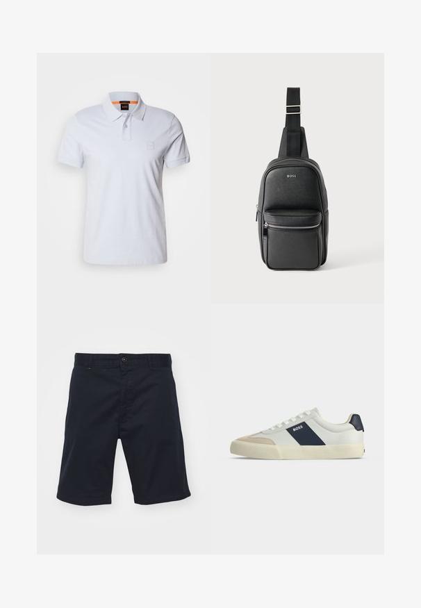 Polo blanc avec col, manches courtes et logo brodé discret. Fabriqué en coton, il présente une texture lisse et un design classique.; Shorts en coton bleu marine avec une fermeture à bouton, coupe droite et poches avant. Présente une texture lisse et un design simple.; Baskets basses blanches avec bout beige, bande latérale bleu marine marquée BOSS, lacets blancs et semelle en caoutchouc sur fond neutre.; Sac bandoulière en cuir noir avec sangle réglable, poche avant zippée et logo « BOSS » sur une surface lisse et texturée.