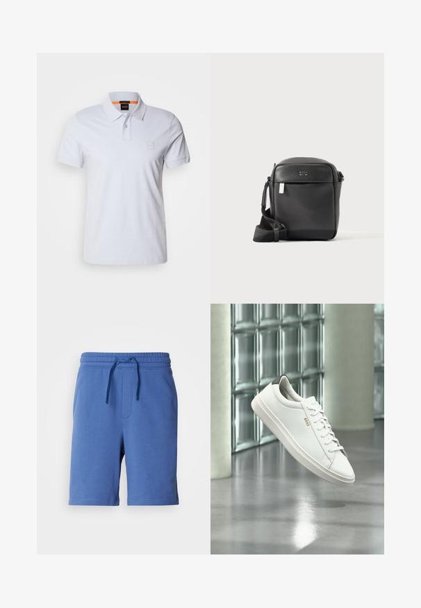 Polo blanc avec col, manches courtes et logo brodé discret. Fabriqué en coton, il présente une texture lisse et un design classique.; Shorts en coton bleu avec une taille élastique, cordon de serrage et poche latérale. Texture lisse, design à longueur de genou, détail de marque minimal.; Baskets basses en cuir blanc avec lacets, languette de talon noire et logo « BOSS », flottant à l'intérieur près d'un mur en blocs de verre et d'un sol poli.; Sac bandoulière en cuir noir texturé avec poche avant et sangle réglable, présenté sur un fond clair uni.
