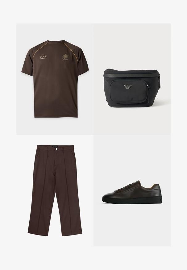 Mørkebrun kortærmet sportst-shirt med gule kanter på skuldrene, EA7 Emporio Armani logo på venstre bryst og Milano Italia-emblem på højre bryst.; Brune lige ben bukser med frontfolder, lommer i siden, bæltestropper og en mærke knaplukning i taljen.; Lavprofil mørkebrune lædersneaker med sort gummisål, snørelukning foran og glat minimalistisk design på lys baggrund.; Sort bæltetaske med frontlynlåslomme og sølv ørn-logo, glat stof med tekstureret kant og lynlåstræk.