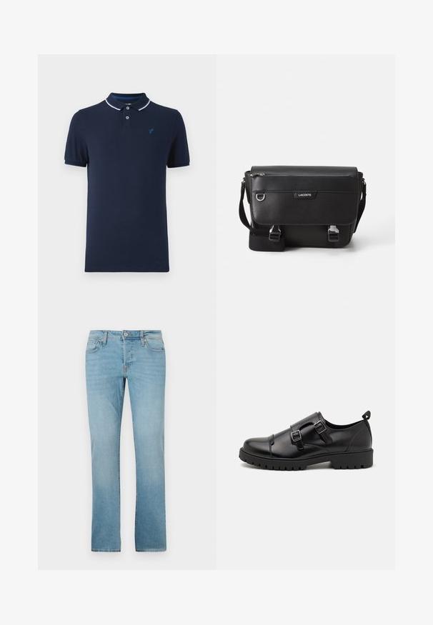 Marineblaues Poloshirt aus Baumwolle mit Kragen, zwei Druckknöpfen, kurzen Ärmeln und einem kleinen Logo auf der Brust.; Helle Blaue Jeans aus Denim mit geradem Bein, fünf Taschen, Knopfverschluss und subtiler Verblassung für Textur.; Pier One Business-Slipper - black; Schwarze, strukturierte Lacoste-Umhängetasche mit verstellbarem Tragegurt, Frontklappe, Reißverschlusstasche und Metallschnallen.