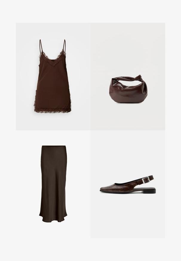 Mørkebrun satin natkjole med tynde stropper og fin blondekant langs udskæringen, siderne og kanten mod en ensfarvet baggrund.; VILA VIELLETTE HW MIDI SKIRT - NOOS - Maxinederdele - coffee bean; Mørkebrun læderslingback flad sko med firkantet tå, krokodille tekstur og sølvspænde på remmen.; Mørkebrun læder skuldertaske med en blød, afslappet form og et snoet knudehåndtag på en ensartet hvid baggrund.