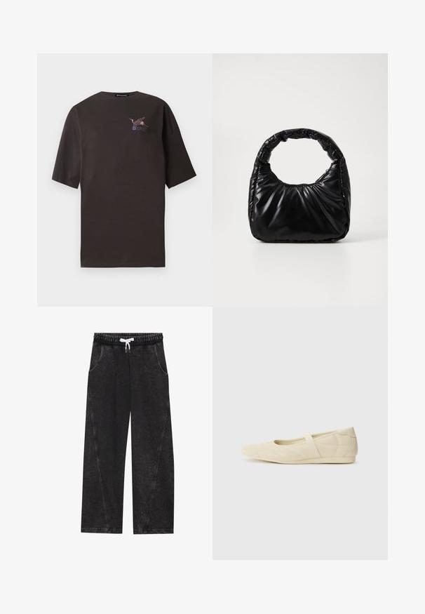 T-shirt noire oversize à manches courtes avec une petite grue rose et le texte "Sakura" sur le haut du côté gauche de la poitrine.; Pantalons noirs à jambes larges en tissu texturé. Comprend une taille élastique avec un cordon blanc et des poches avant avec des coutures diagonales.; Ballerines beiges avec une exterior en cuir lisse, un bout en forme d'amande et une sangle élastique sur le coup de pied, avec des détails de couture subtils.; Sac à main noir rembourré avec une poignée arrondie, présentant une surface lisse et brillante ainsi qu'une texture douce et matelassée. Pas de quincaillerie ou d'accents visibles.