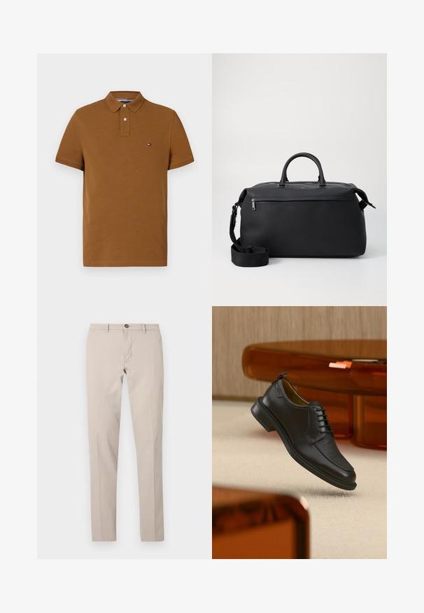 Braunes Baumwoll-Polohemd mit klassischem Kragen, zwei Knöpfen und kleinem Logoakzent auf der linken Brust. Mit kurzen Ärmeln.; Beige Slim-Fit-Hose mit Gürtelschlaufen, Knopfverschluss und vorderlichem Reißverschluss, flach auf weißem Hintergrund dargestellt.; Schwarzer Leder-Schnürschuh mit texturierter Vorderseite, schwebend über beigem Teppich in einem modernen Raum mit bernsteinfarbenen Möbeln.; Schwarze Leder-Reisetasche mit zwei Oberhandgriffen, einem abnehmbaren Schultergurt und einer Reißverschlusstasche auf der Vorderseite für zusätzlichen Stauraum.