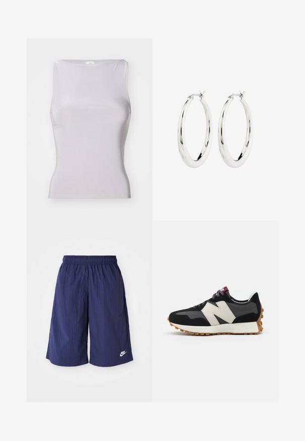 BDG Urban Outfitters LIA - Topp - grey; Tumedane sinine Nike'i lühikesed püksid elastse vöökohtaga, valmistatud kergest ja siledast kangast, millel on alumises servas väike valge logo.; Mustmust ja halli nubukist tennisajal on suur kreemjas "N" logo, lilla paelad ja tekstureeritud kummist välispohja.; Hõbedased rõngaskõrvarõngad siledast ja läikivast viimistlusest. Ringikujuline, sisaldab kindlat kinnitust. Lihtne ja elegantne disain.