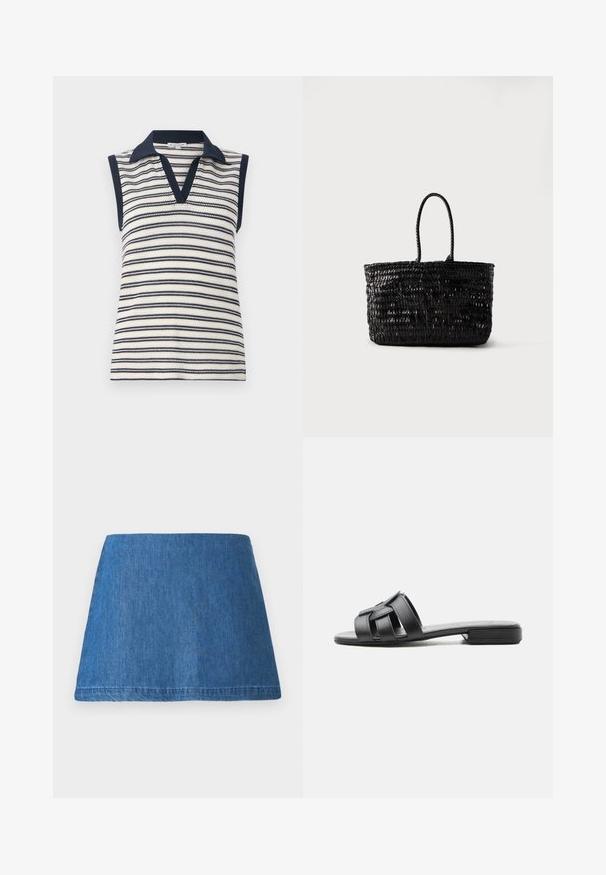 Haut sans manches à col en V en rayures blanches et bleues marines. Caractéristiques d'un col et d'un ourlet bleu marine unis. Texture en maille avec un motif de rayures horizontales.; Jupe mini en denim d'un bleu moyen, avec une forme A classique, un ourlet propre et sans embellissements ni motifs visibles.; Sandale plate noire à enfiler avec de larges brides en cuir tissé et un talon légèrement surélevé sur fond blanc.; Sac fourre-tout en cuir tressé noir avec deux poignées arrondies, debout sur un fond blanc uni.