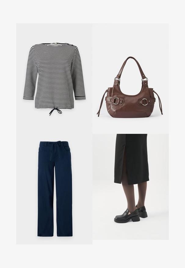 Gestreept zwart-wit topje met driekwartmouwen en een trekkoord onderaan, gemaakt van zachte stof met een casual pasvorm.; Navyblauwe wijde broek van een katoenmix, met een koord in de taille, twee voorzakken en een zachte textuur.; Vrouw met zwarte loafers met grove hak, zwarte doorschijnende panty's en een zwarte rok met een split aan de achterkant op een witte achtergrond.; Bruine leren handtas met ronde vorm, zilveren hardware, twee zijriemen en een gladde textuur. Beschikt over een enkele handgreep aan de bovenkant.