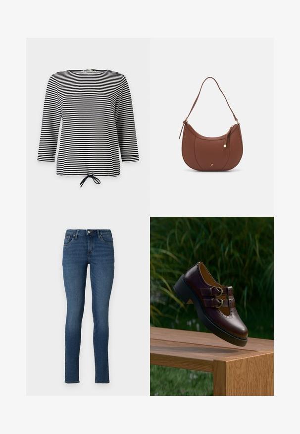 Gestreept zwart-wit topje met driekwartmouwen en een trekkoord onderaan, gemaakt van zachte stof met een casual pasvorm.; Dunne blauwe jeans van denim met een normale taille, vijf zakken en een vervaagde was, met standaard stiksels en een ritsluiting.; Donkerbruine leren schoen met dubbele gespbanden, geperforeerde details en dikke zwarte zool, hangend boven een houten tafel buiten.; Bruine faux leren schoudertas met een gebogen vorm, minimale stiksels en een gouden hardware-accent. Voorzien van een bovenste ritsluiting en een verstelbare schouderband.
