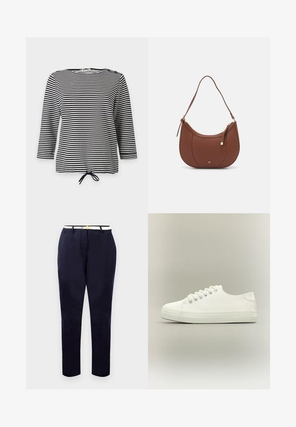 Top a rayas en blanco y negro, con mangas tres cuartos y dobladillo ajustable, confeccionado en una tela suave con un corte casual.; Chinos navy de corte slim, fabricados en algodón, con un cinturón blanco que presenta una hebilla en tono dorado. Textura suave, piernas rectas, diseño minimalista.; Zapatilla blanca baja con cordones blancos y suela de goma mostrada desde vista lateral sobre un fondo neutro.; Bolso de hombro de imitación cuero marrón con forma curva, costura mínima y un acento de hardware en tono dorado. Presenta un cierre de cremallera en la parte superior y una correa ajustable.