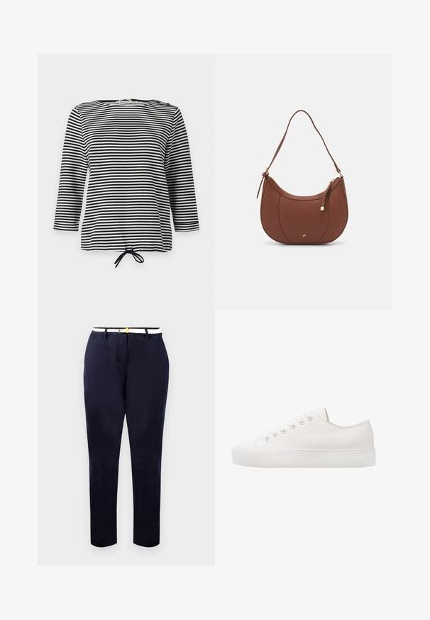 Top a rayas en blanco y negro, con mangas tres cuartos y dobladillo ajustable, confeccionado en una tela suave con un corte casual.; Chinos navy de corte slim, fabricados en algodón, con un cinturón blanco que presenta una hebilla en tono dorado. Textura suave, piernas rectas, diseño minimalista.; Zapatilla de lona blanca con punta redonda, seis ojales para los cordones, suela de goma texturizada y detalles de costura sutil a lo largo de los lados.; Bolso de hombro de imitación cuero marrón con forma curva, costura mínima y un acento de hardware en tono dorado. Presenta un cierre de cremallera en la parte superior y una correa ajustable.