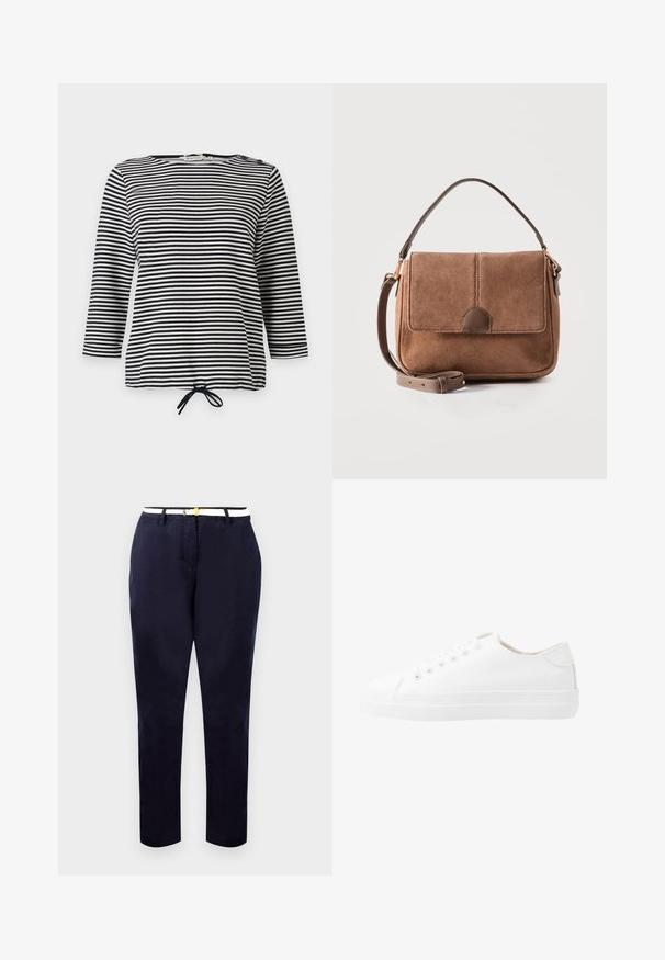 Top a rayas en blanco y negro, con mangas tres cuartos y dobladillo ajustable, confeccionado en una tela suave con un corte casual.; Chinos navy de corte slim, fabricados en algodón, con un cinturón blanco que presenta una hebilla en tono dorado. Textura suave, piernas rectas, diseño minimalista.; Zapatillas de lona blancas con un diseño de corte bajo, puntera redonda, seis ojetes y suela de goma texturizada. Material suave con acentos mínimos.; Bolso de mano de ante marrón con cierre de solapa, asa corta y correa de hombro ajustable, sobre un fondo blanco liso.