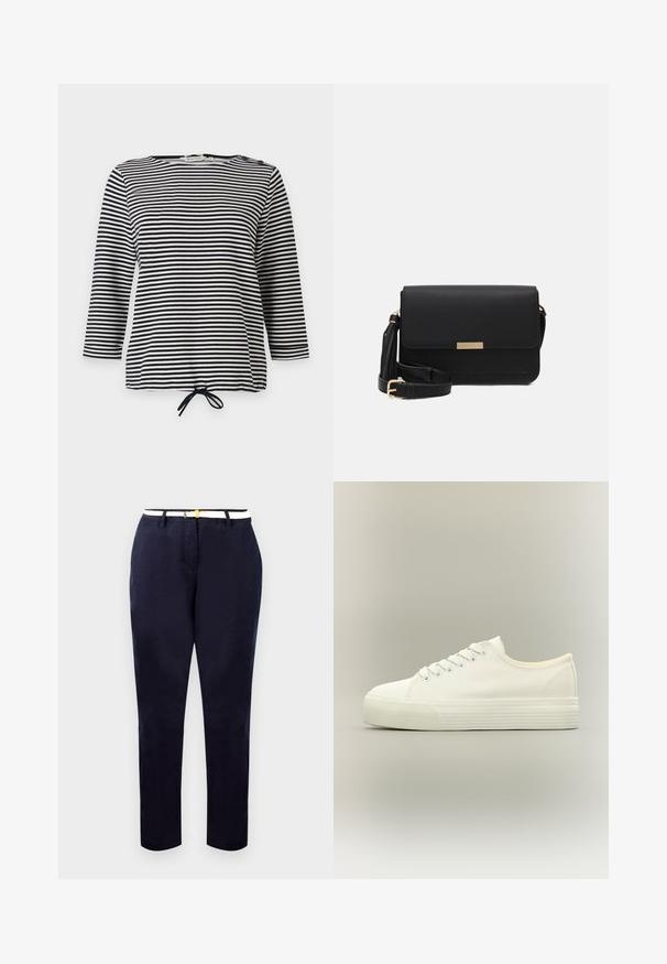 Top a rayas en blanco y negro, con mangas tres cuartos y dobladillo ajustable, confeccionado en una tela suave con un corte casual.; Chinos navy de corte slim, fabricados en algodón, con un cinturón blanco que presenta una hebilla en tono dorado. Textura suave, piernas rectas, diseño minimalista.; Zapatilla blanca de lona de perfil bajo con cierre de cordones en la parte delantera y suela gruesa de goma texturizada sobre fondo neutro.; Bolso cruzado de cuero negro con cierre de solapa, acentos en dorado, correa ajustable y superficie texturizada. Forma rectangular compacta.