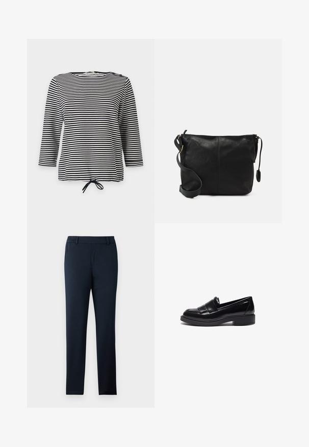 Top a rayas en blanco y negro, con mangas tres cuartos y dobladillo ajustable, confeccionado en una tela suave con un corte casual.; Pantalones azul marino hechos de una suave tela elástica. Presentan un diseño de frente plano, presillas para cinturón y un corte delgado y entallado.; Mocasines de cuero negro con un diseño elegante, que incluyen una punta redondeada, flecos decorativos y una suela de goma texturizada y baja.; Bolso cruzado de cuero negro con forma plana, acentos de hardware dorado y correa ajustable. Textura suave con detalles de costura mínimos.