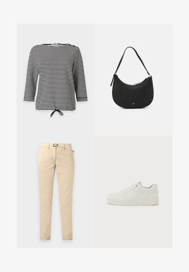 Haut rayé noir et blanc, avec des manches trois-quarts et un ourlet à cordon de serrage, fabriqué en tissu doux avec une coupe décontractée.; Chinos beige en coton avec une texture lisse, dotés d'une ceinture tissée et de poches standard. Coupe slim avec des jambes droites.; Sneaker blanc avec un extérieur en cuir lisse, bout rond, six œillets, col rembourré et semelle en caoutchouc texturé. Logo de marque discret sur le côté.; Sac à main en cuir noir avec une forme courbée, surface texturée, coutures avant et un logo doré. Il est doté d'une seule sangle ajustable.
