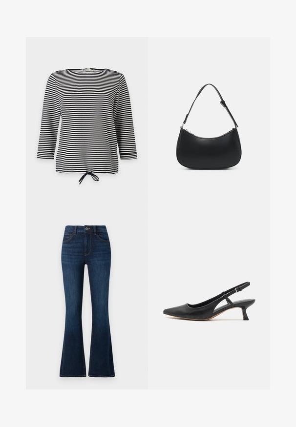 Stribet top i sort og hvid, med trekvartærmer og snoretræk i kanten, lavet af blødt stof med en afslappet pasform.; TOM TAILOR STELLA darkblue; Sort læder slingback-sko med spidse tæer, lav blokhæle, udskårne sidedele og justerbar ankelrem. Glat tekstur hele vejen igennem.; Pieces PCALUANA SHOULDER BAG - Håndtasker - black