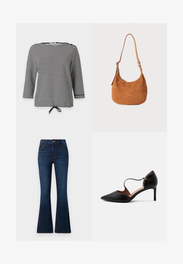 Haut rayé noir et blanc, avec des manches trois-quarts et un ourlet à cordon de serrage, fabriqué en tissu doux avec une coupe décontractée.; TOM TAILOR STELLA denim bleu foncé; Chaussure à talon haut en cuir noir à bout pointu avec une fine bride à la cheville et un talon stiletto de hauteur moyenne sur fond blanc.; Sac à main en daim beige avec un design incurvé, une bandoulière ajustable, une fermeture éclair en métal et un détail de logo embossé à l'avant.