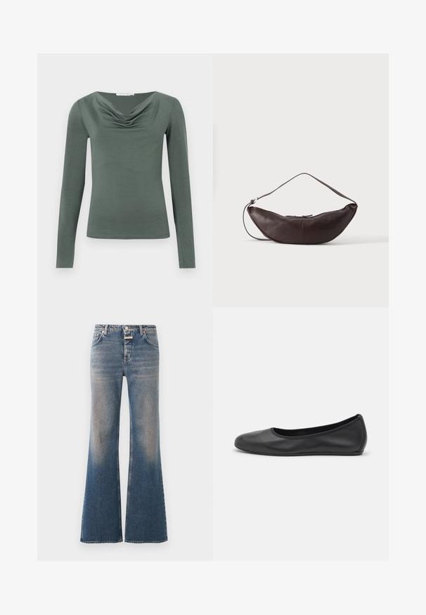 T-shirt à manches longues en tissu vert muted avec un col drapé. Il présente une coupe ajustée et une texture lisse, idéale pour un usage décontracté.; Jean en denim bleu délavé avec une taille haute, style classique cinq poches, fermeture par boutons et jambes évasées larges.; Ballerines en cuir noir avec un bout rond, texture lisse, détails de couture minimalistes et design de semelle flexible.; Sac d'épaule en cuir marron foncé en forme de croissant avec une lanière courbée et des coutures visibles sur fond uni.