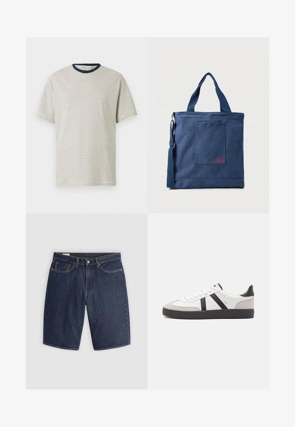 Hvid t-shirt med korte ærmer, tynde vandrette sorte striber og en ensfarvet mørkeblå rund halsudskæring.; Mørkeblå denim shorts med et klassisk design, der har fem lommer, syninger, en knaplukning og buede baglommer.; Hvide sneakers med sorte og grå detaljer, med en tekstureret grå tåhætte, sort gummisål og flade hvide snørebånd. Rent design, minimalistisk stil.; Blå lærredstote taske med frontlomme og rød "O.N.S" broderi, med to håndtag og en justerbar skulderrem.