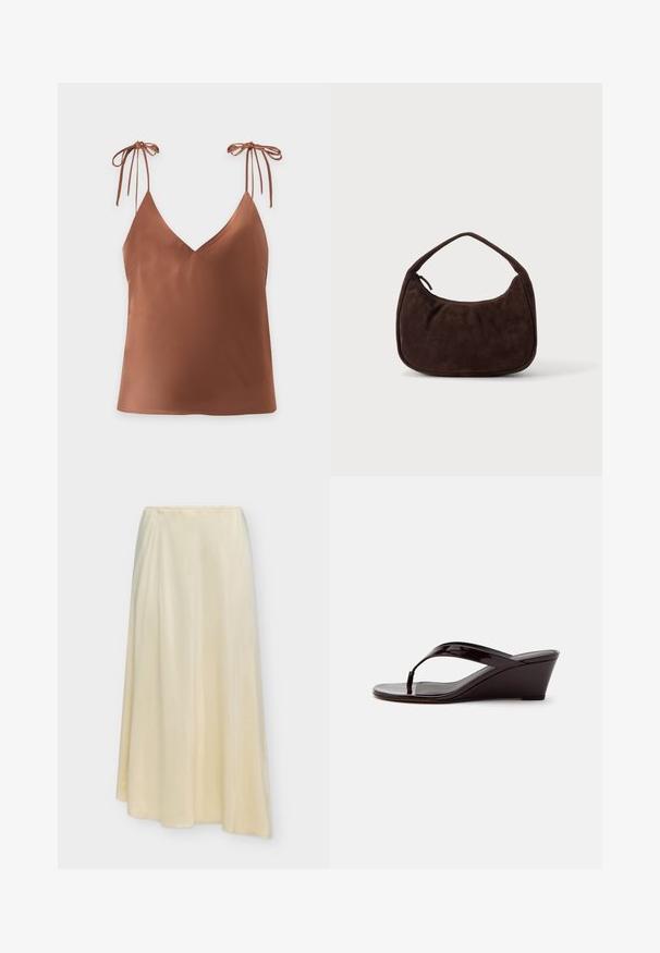 Top marron sans manches avec un col en V et fines bretelles nouées en nœuds sur un fond uni clair.; Longue jupe couleur crème avec une texture lisse et un léger drapé, présentée sur un fond clair uni.; Sandale compensée en cuir verni marron avec bride entre les orteils et bout ouvert, vue de profil sur un fond uni.; Sac à main en daim marron foncé avec une courte sangle et une forme rectangulaire arrondie sur un fond uni clair.