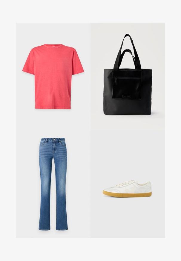 Schlichtes helles korallenrosa T-Shirt mit kurzen Ärmeln und Rundhalsausschnitt in regulärer Passform auf weißem Hintergrund.; ONLY ONLWAUW MID WAIST - Jeans Slim Fit - medium blue denim; Weißer Ledersneaker mit glatter Textur, beigefarbenem „V“-Logo, rundem Zehenbereich, Schnürdesign und einer Sohle aus Gummireifen.; Schwarze Tragetasche mit vorderer Reißverschlusstasche und zwei Griffen, vor einfachem hellem Hintergrund.