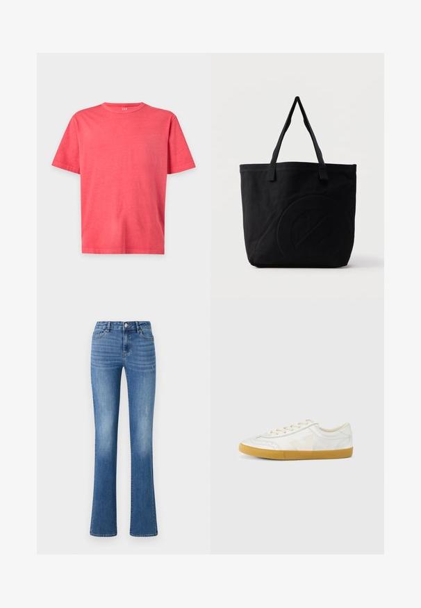 Simpel lys koral pink t-shirt med korte ærmer og rund hals med normal pasform på hvid baggrund.; ONLY ONLWAUW MID WAIST - Jeans Slim Fit - medium blue denim; Hvid lædersneaker med en glat tekstur, med en beige 'V'-logo, rund tå, snørelukning og en sål af gumgummi.; Sort canvas-tote-taske med to skulderstropper og et diskret præget cirkeldesign på fronten.