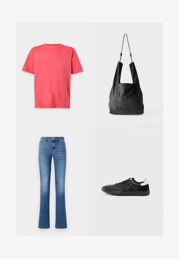 Schlichtes helles korallenrosa T-Shirt mit kurzen Ärmeln und Rundhalsausschnitt in regulärer Passform auf weißem Hintergrund.; ONLY ONLWAUW MID WAIST - Jeans Slim Fit - medium blue denim; ALDO THEPITCH - Sneaker low - black; Schwarze weiche Stofftragetasche mit breiten Griffen und einem dünnen schwarz-weißen geflochtenen Schulterriemen.