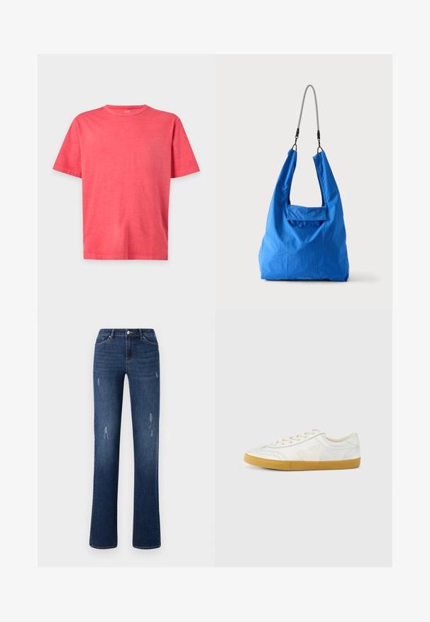 Schlichtes helles korallenrosa T-Shirt mit kurzen Ärmeln und Rundhalsausschnitt in regulärer Passform auf weißem Hintergrund.; ONLY ONLWAUW MID WAIST - Jeans Slim Fit - dark blue denim; Weißer Ledersneaker mit glatter Textur, beigefarbenem „V“-Logo, rundem Zehenbereich, Schnürdesign und einer Sohle aus Gummireifen.; Hellblaue weiche Stofftasche mit schwarzem und weißem Kordel-Schulterriemen vor hellem einfarbigem Hintergrund.