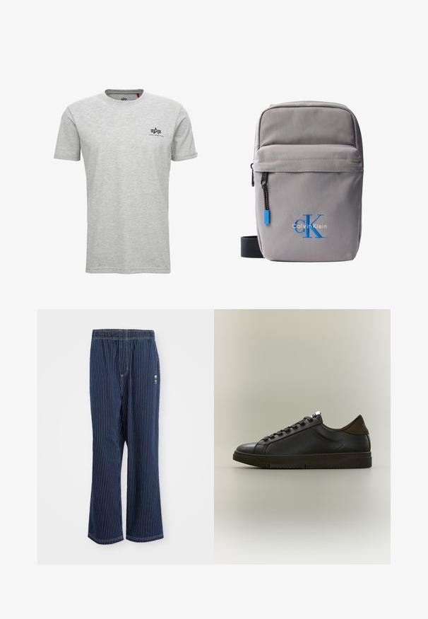 Grå kortærmet T-shirt i bomuldsblanding med rund hals; har et sort logo på venstre bryst og et rødt mærke i halsen.; Navy stribede bukser med lyseblå lodrette striber, elastisk talje, bred benudskæring og et lille logo på siden. Stoffet har en glat tekstur.; Sort lavt sneakers i læder med snøredesign og tekstureret sål, vist i profil på neutral baggrund.; Lille grå Calvin Klein crossbody-taske med lynlåslomme foran, sort rem og blå "cK"-logo broderet.