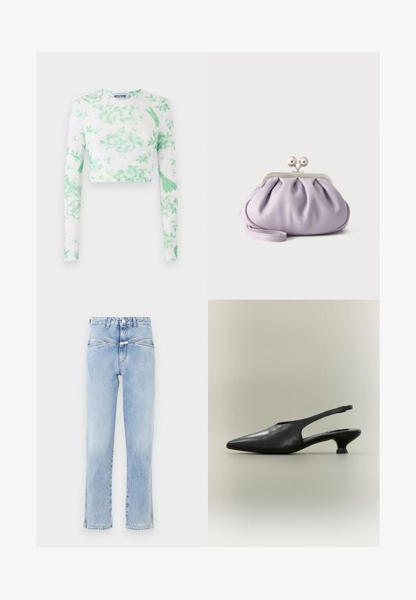 Weißes Langarm-Crop-Top mit grünem Blumenmuster, Logodetails und einem weichen, dehnbaren Stoff. Rundhalsausschnitt und taillierte Passform.; Hellblaue Denim-Jeans mit hoher Taille und geradem Schnitt. Verfügt über dezente Ausbleichungen, klassisches Fünf-Taschen-Design und einen Metallknopfverschluss.; Schwarzer Slingback-Schuh aus Leder mit spitzer Zehenpartie und niedrigem Kitten-Heel vor neutralem Hintergrund.; Weiche Lavendel-Clutch mit gerafftem Stoff, silbernem Kiss-Lock-Verschluss und passendem Handgelenksriemen auf hellem einfarbigem Hintergrund.