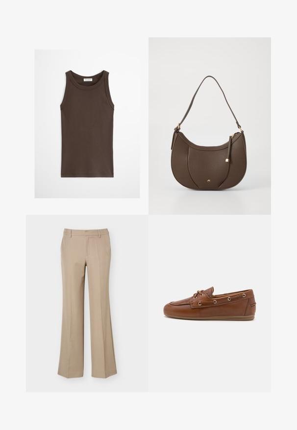 Mørkebrun ærmeløs tætsiddende tanktop med rund halsudskæring, vist mod en ensfarvet lys baggrund.; Beige damebukser med bæltestropper, frontfold og lige brede ben på en ens hvid baggrund.; Brune læder bådsko med snøredetalje, metaløjer, en struktureret overflade og en fleksibel tan gummisål. Rund tådesign.; Brun læder skuldertaske med en buet form, prydet med en lille detalje i guld og en tekstureret overflade, og med lynlåslukning.
