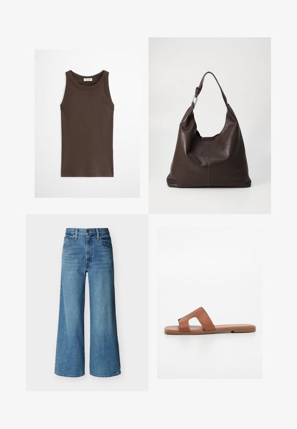 Débardeur marron foncé ajusté sans manches avec encolure ronde, présenté sur un fond clair uni.; Jean bleu taille haute à jambes larges avec bouton et fermeture éclair à l'avant, passants de ceinture et style cinq poches sur fond blanc.; Sandale à glissière en cuir marron avec un design à orteils ouverts, une large bride avec un détail découpé, une semelle plate et une texture lisse.; Zign by Zalando LEATHER - Cabas - chocolate brown