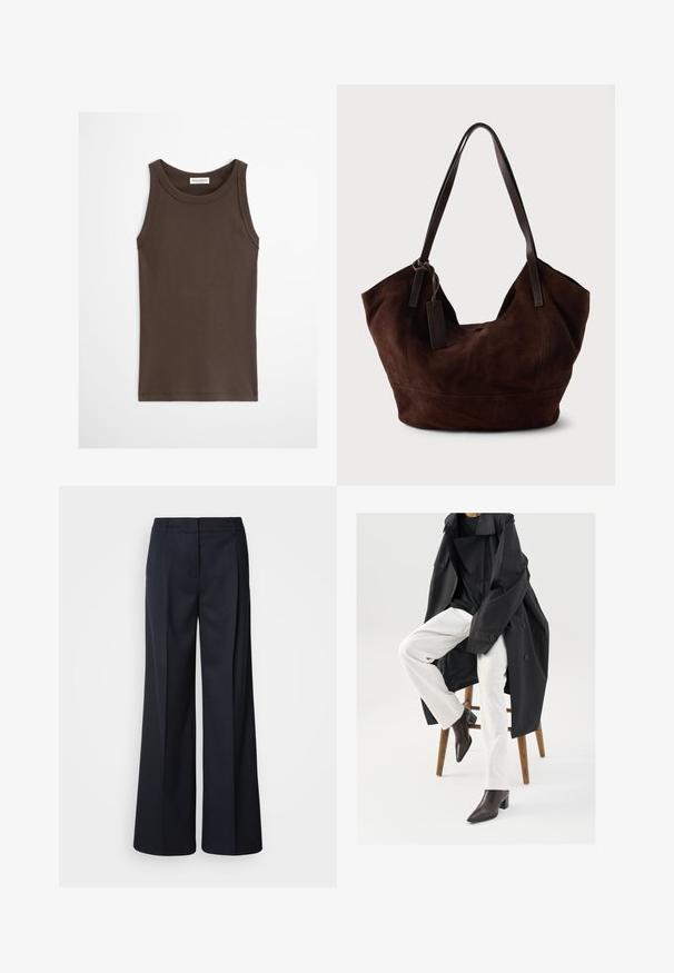 Débardeur marron foncé ajusté sans manches avec encolure ronde, présenté sur un fond clair uni.; Pantalon à jambes larges bleu marine foncé, en tissu lisse. Il présente une ceinture cintrée et des plis devant, conçu pour une coupe décontractée.; Un trench-coat noir, surdimensionné, porté sur un haut noir, associé à un pantalon blanc et des bottines à bout pointu marron, assis sur un tabouret en bois.; Handbag en cuir suédé marron avec une forme douce et souple. Doté de poignées en cuir et d'une étiquette décorative. Texture plain avec des coutures courbes.