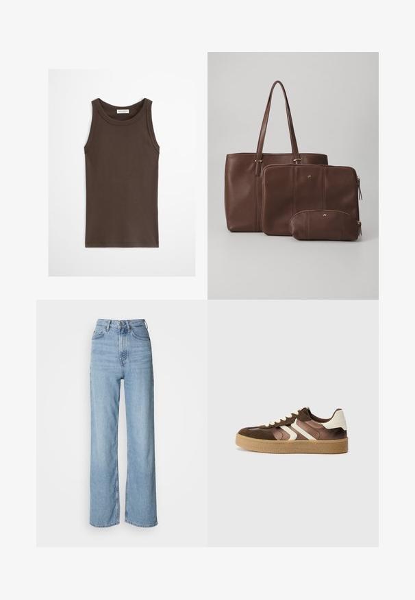 Débardeur marron foncé ajusté sans manches avec encolure ronde, présenté sur un fond clair uni.; Jean taille haute bleu clair avec une jambe droite, en denim, présentant une fermeture à bouton sur le devant et des détails de décoloration subtils.; Baskets marron et crème en combinaison de daim et de satin, avec trois bandes diagonales et une semelle en gomme texturée.; Sac en cuir marron avec deux pochettes assorties ; le sac a de longues poignées, tandis que les pochettes ont des fermetures éclair et des tailles variées. Accents dorés inclus.