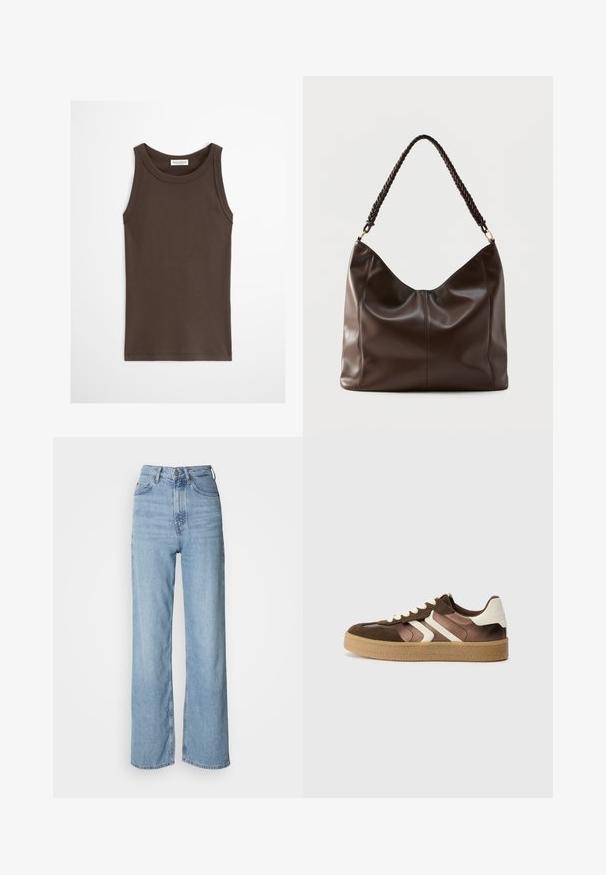 Donkerbruin, nauwsluitend tanktop zonder mouwen met ronde hals, afgebeeld tegen een effen lichte achtergrond.; Lichtblauwe high-waisted jeans met een rechte pijp, gemaakt van denim, met een sluiting aan de voorkant met knopen en subtiele vervagingdetails.; Bruine en crèmekleurige sneakers van een combinatie van suede en satijn, met drie diagonale strepen en een gestructureerde gumrubberen zool.; Donkerbruine leren schoudertas met een gevlochten handvat en zichtbare naden aan de voorkant.