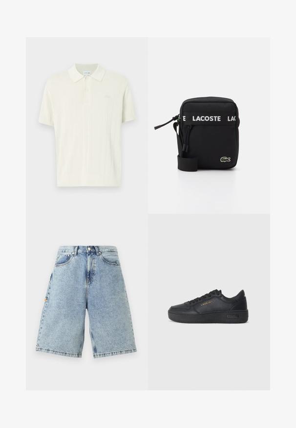 Lacoste Polokošeľa - naturel clair; Modré denimové šortky s vysokým pásom, voľným strihom, piatimi vreckami a viditeľnými švovými detailmi. Hladká textúra s jemným umývaním.; Replay EPIC HIGH - Tenisky - black; Čierna látková crossbody taška s bielym popruhom s logom LACOSTE, vrchným zipsovým uzavieraním a zeleným vyšívaným logo krokodíla na prednej strane.