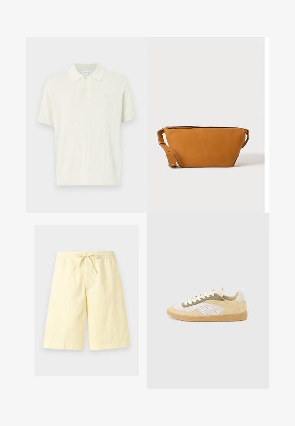 Lacoste Πόλο - naturel clair; Φωτεινά κίτρινα σορτς μέχρι το γόνατο με ελαστική μέση και κορδόνι στο μπροστινό μέρος, παρουσιασμένα σε απλό φωτεινό φόντο.; Αθλητικό παπούτσι χαμηλού πάτου με μπεζ σουέτ, λευκά πάνελ από δίχτυ, ελαιδί λεπτομέρειες, λευκά κορδόνια και σόλα από καουτσούκ χρώματος καραμέλας σε ανοιχτό γκρι φόντο.; Ελαφρώς καφέ δερμάτινη τσάντα χιαστί με ρυθμιζόμενο λουράκι και κλείσιμο με φερμουάρ, εμφανίζεται σε απλό ανοιχτόχρωμο φόντο.