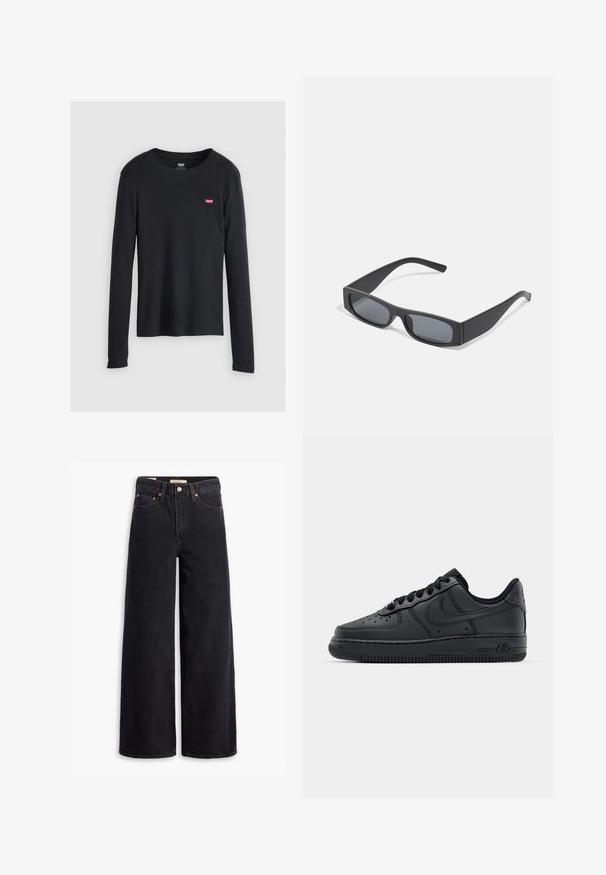 Zwarte langemouwen T-shirt van katoen, met een ronde hals en een klein rood Levi's-logo op de linkerkant van de borst. Textuurstof.; Zwarte brede jeans gemaakt van denim, met vijf zakken, koperen klinknagels en een klassieke knoopsluiting. Glad van textuur met een strakke uitstraling.; Zwarte leren sneakers met geperforeerde neus, platte veters en rubberen zool. Voorzien van een klein logo aan de zijkant en gestructureerde details.; Zwarte rechthoekige zonnebril met donkere lenzen en dikke matte monturen. De zijstukken zijn licht taps toelopend met een gladde textuur.