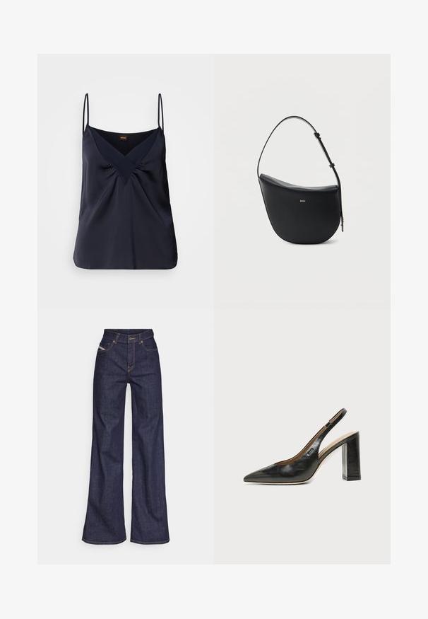 Marineblauwe zijden camisole met dunne bandjes, V-hals en geplooide details bij de buste; een soepele textuur en een relaxte pasvorm.; Donkerblauwe wijde jeans van denimstof met een hoge taille, voorzien van oranje stiksels, een vijf-pocket ontwerp en een knoopsluiting.; Zwarte leren slingback schoen met spits toelopend neusje, hoge blokhak en beige binnenvoering tegen een effen lichte achtergrond.; Zwarte halfmaansvormige leren schoudertas met verstelbare riem en goudkleurig "BOSS"-logo middenvoor.
