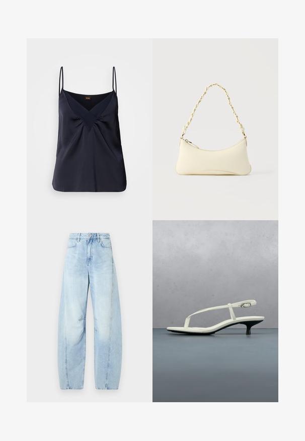 Camisole en soie navy avec de fines bretelles, décolleté en V et détails froncés au niveau de la poitrine ; texture lisse et coupe décontractée.; Jean large en denim bleu clair à taille haute, avec un bouton de fermeture, des poches avant et un léger dégradé.; Sandale blanche à talon kitten avec des lanières et un bout pointu, flottant au-dessus d'un sol en carrelage en bois en plein air avec un arrière-plan flou de plante et de mur.; Petit sac à main couleur crème avec une forme incurvée et une poignée en chaîne torsadée ton or, fermeture éclair sur le dessus