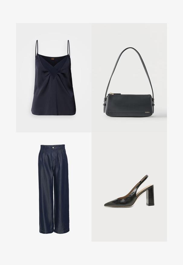 Marineblauwe zijden camisole met dunne bandjes, V-hals en geplooide details bij de buste; een soepele textuur en een relaxte pasvorm.; Navyblauwe denim broeken met wijde pijpen en een hoge taille, met voorplooien en gouden stikselaccenten, een gladde textuur en een knoopsluiting.; Zwarte leren slingback schoen met spits toelopend neusje, hoge blokhak en beige binnenvoering tegen een effen lichte achtergrond.; Zwarte rechthoekige lederen schoudertas met gouden ritssluiting en klein goudkleurig "HUGO"-logo aan de voorkant, voorzien van een verstelbare riem met gesp.