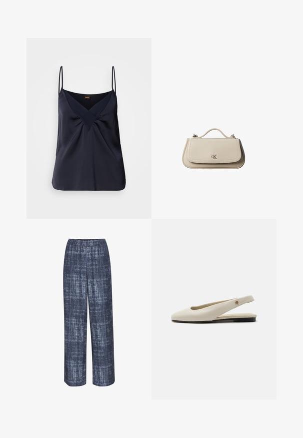 Námornícky hodvábny top s tenkými ramienkami, výstrihom do V a nariasením v oblasti poprsia; hladká textúra a voľný strih.; Gestuz DEMIA PANTS - Nohavice - dark blue; Kožená slingbacková balerína krémovej farby s zaoblenou špičkou a malým zlatým emblémom na popruhu.; Malá béžová kožená kabelka s horným držadlom a strieborným logom CK na prednej chlopni, zobrazená na bielom pozadí.