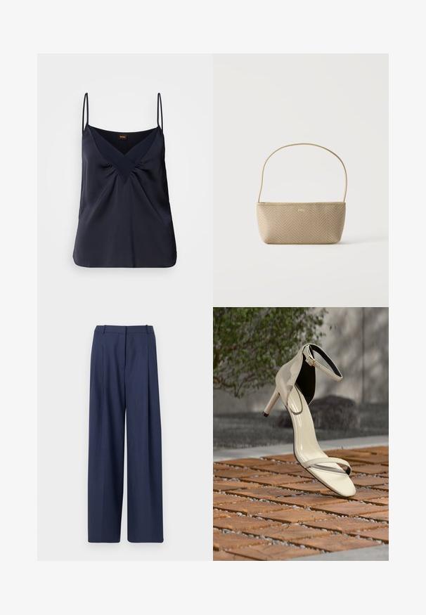 Marineblauwe zijden camisole met dunne bandjes, V-hals en geplooide details bij de buste; een soepele textuur en een relaxte pasvorm.; Navyblauwe wijde broek gemaakt van een gestructureerde stof, met een geplooide voorkant en een gestructureerde tailleband met riemlussen.; Beige sandaal met hoge hak en enkelriem, geplaatst op houten latten buiten, met vervaagde groene planten en betonnen achtergrond.; Beige geweven handtas met dunne schouderriem en klein gouden "BOSS" logo aan de voorkant, getoond tegen een effen witte achtergrond.