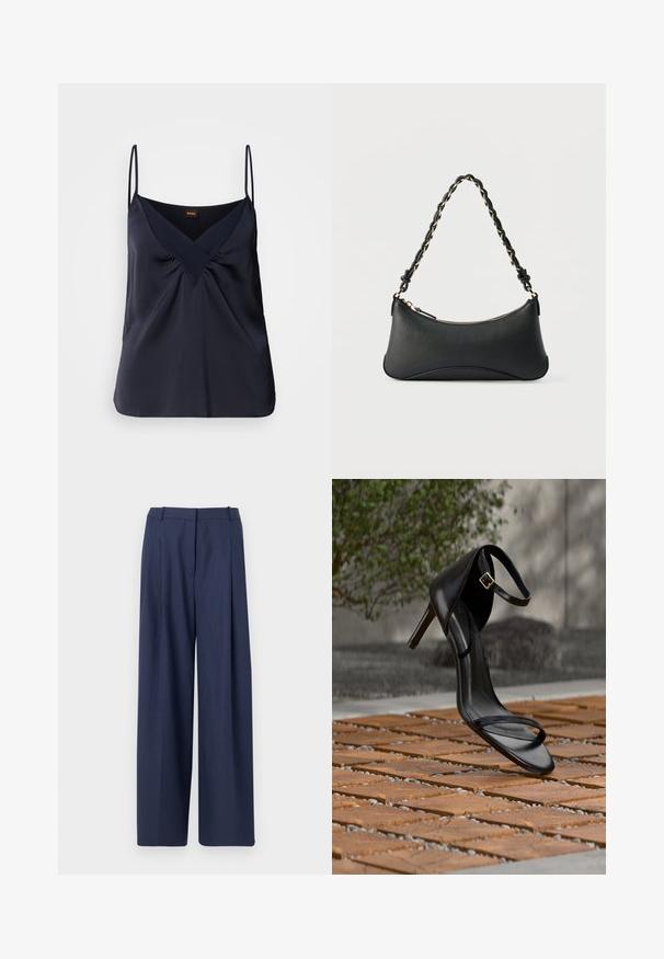 Marineblauwe zijden camisole met dunne bandjes, V-hals en geplooide details bij de buste; een soepele textuur en een relaxte pasvorm.; Navyblauwe wijde broek gemaakt van een gestructureerde stof, met een geplooide voorkant en een gestructureerde tailleband met riemlussen.; Zwarte hoge hak sandaal met enkelbandje zweeft boven een houten tegelvloer buiten, met een onscherpe groene en stenen achtergrond.; Zwarte lederen schoudertas met een gebogen rechthoekige vorm, gouden ketting verweven in een gevlochten zwarte band, en een ritssluiting bovenop.