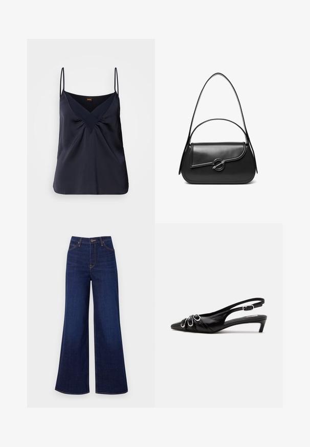 Camisole de seda en color navy con tirantes finos, escote en V y detalles fruncidos en el busto; textura suave y corte relajado.; Jeans de pierna ancha de un azul oscuro, hechos de denim, con una cintura alta, diseño de cinco bolsillos y costuras naranjas contrastantes a lo largo de las costuras.; Zapato slingback de cuero negro con punta puntiaguda, tres hebillas plateadas en la parte delantera y tacón bajo tipo «kitten» sobre fondo blanco.; Bolso de hombro de cuero negro con una solapa curva asegurada por un broche metálico redondo y una correa delgada y ajustable.