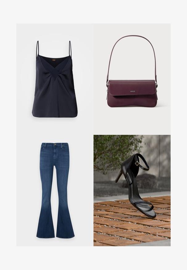 Marineblå silke top med tynde stropper, V-udskæring og samlede detaljer ved brystet; glat tekstur og løs pasform.; Denim flared jeans i en mørkeblå vask, med en tætsiddende talje, fem lommer og en klassisk knaplukning. Glat tekstur med let stræk.; Sort højhælet sandal med ankelsnor, der ser ud til at svæve over et trægulv udendørs med sløret grønt og sten i baggrunden.; Bordeauxfarvet lædertaske med et struktureret design, der har en klaplukning og en justerbar rem. Logo detaljer præget på forsiden.