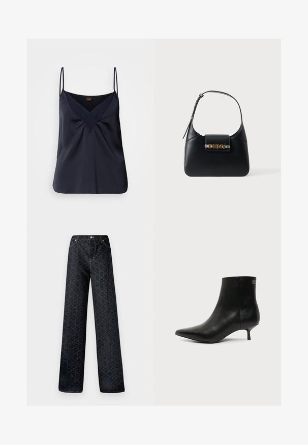 Camisole en soie navy avec de fines bretelles, décolleté en V et détails froncés au niveau de la poitrine ; texture lisse et coupe décontractée.; Jean large bleu foncé avec un motif géométrique, en denim. Présente un bouton en métal, une fermeture éclair et des coutures de poches avant.; Bottine en cuir noir avec bout pointu et petit talon kitten sur fond clair, vue côté extérieur.; Sac bandoulière en cuir noir avec sangle réglable et logo DKNY doré sur le rabat avant, sur fond blanc.