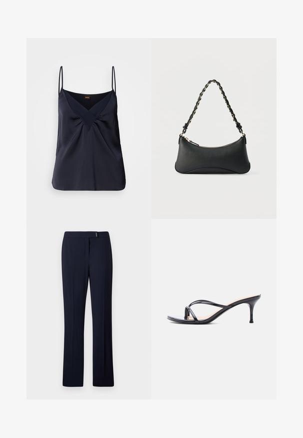 Camisole de seda en color navy con tirantes finos, escote en V y detalles fruncidos en el busto; textura suave y corte relajado.; Pantalones ajustados de color azul marino hechos de una tela suave, con un frente plano, piernas rectas y un sutil acento plateado en la cintura.; Sandalia de tacón de charol negro con tiras finas cruzadas y un tacón de aguja delgado de altura media, sobre un fondo blanco.; Bolso de hombro de cuero negro con forma rectangular curvada, cadena dorada entrelazada en una correa negra trenzada y cierre superior con cremallera.